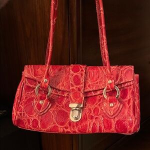 Vera Pelle Red Crocodile Pattern Shoulder Bag